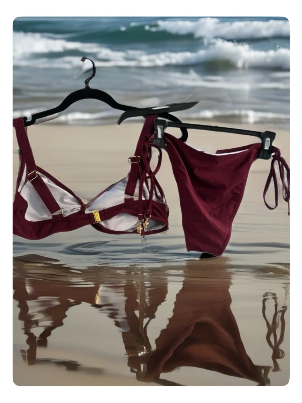 Women’s Burgundy Underwire 3-PC Bikini set Matching Skirt Seashell embellishment